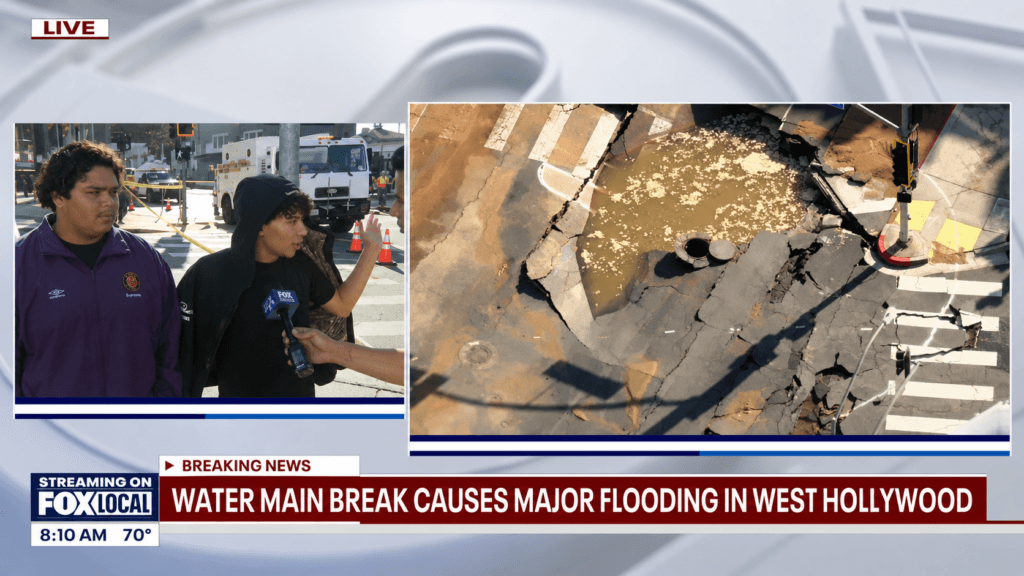 Flooding and a large sinkhole on Sunset Boulevard near the West Hollywood Supreme store