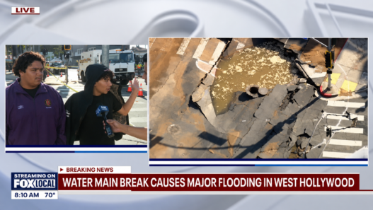 Flooding and a large sinkhole on Sunset Boulevard near the West Hollywood Supreme store
