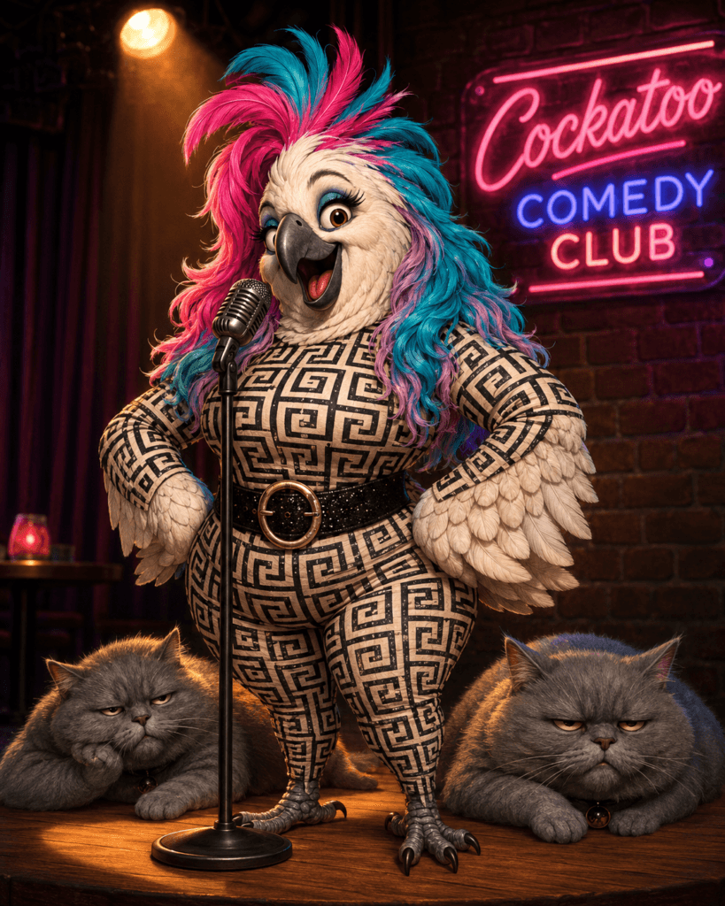 Yamaneika Saunders reimagined as a colorful cockatoo performing comedy beside two unimpressed gray cats.
