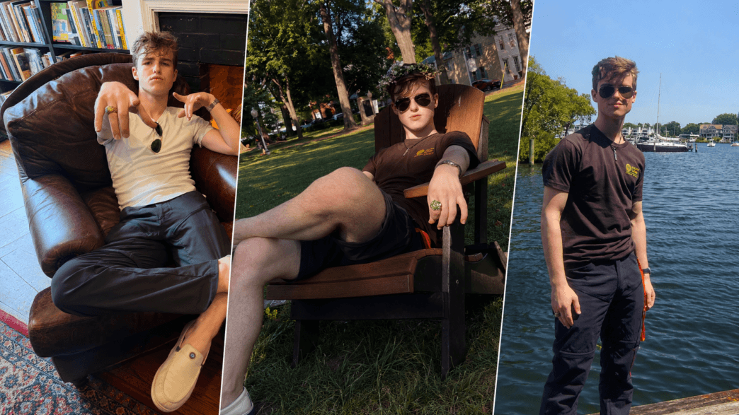 Three-photo header collage showing a young man by the water, lounging in a leather chair, and relaxing in a park chair wearing sunglasses and a flower crown.