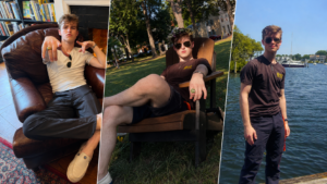 Three-photo header collage showing a young man by the water, lounging in a leather chair, and relaxing in a park chair wearing sunglasses and a flower crown.