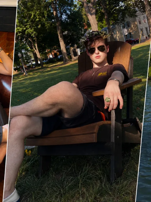 Three-photo header collage showing a young man by the water, lounging in a leather chair, and relaxing in a park chair wearing sunglasses and a flower crown.