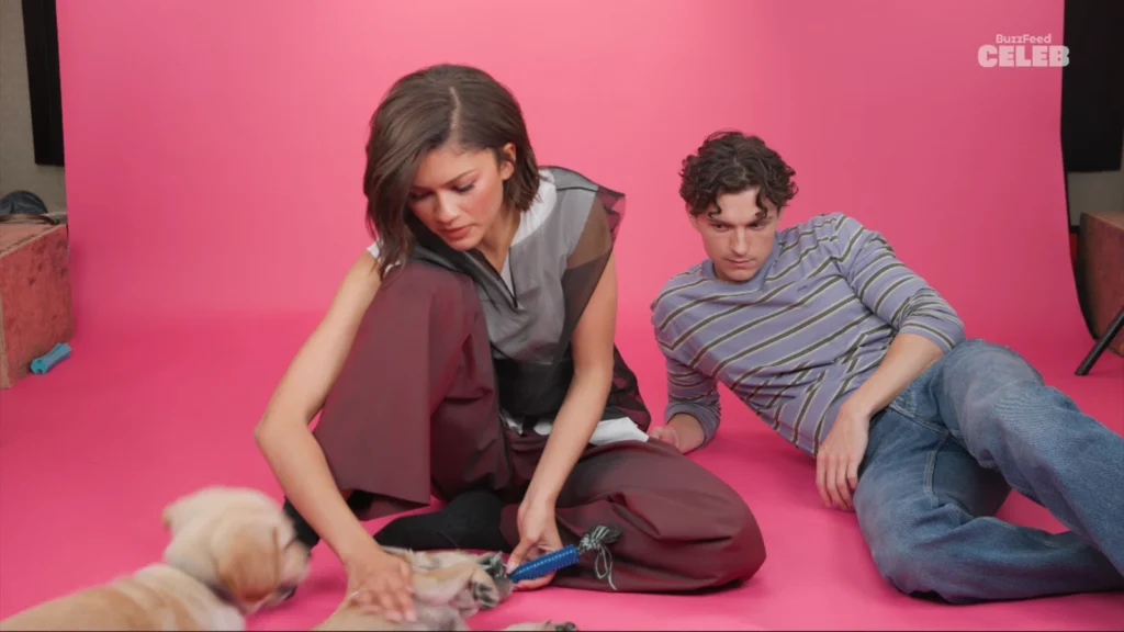 Tom Holland holds a puppy while Zendaya watches during BuzzFeed’s Puppy Interview
