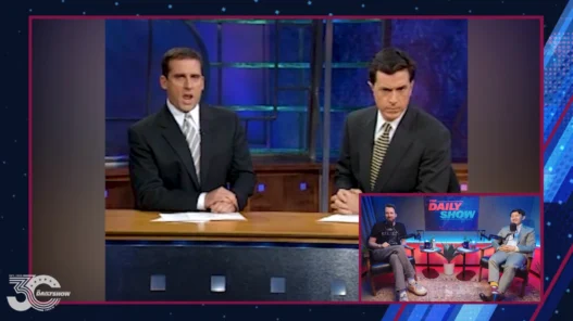 Ronny Chieng and Jordan Klepper in The Daily Show’s 30th-anniversary retrospective
