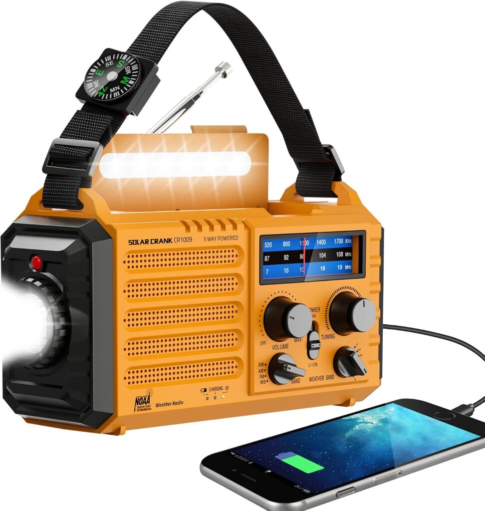 Eoxsmile NOAA emergency weather radio with hand crank, solar panel and flashlight