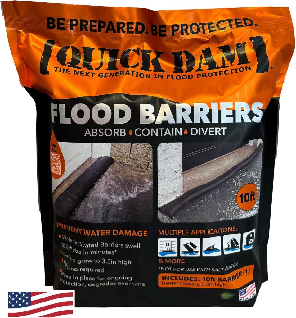 Quick Dam 10-foot water-activated flood barrier in its product packaging