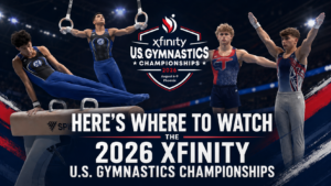 Feature header for Here’s Where to Watch the 2026 Xfinity U.S. Gymnastics Championships showing multiple male gymnasts and the event logo.