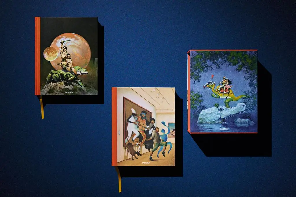 Two Lucas Museum of Narrative Art volumes displayed with their illustrated TASCHEN slipcase.
