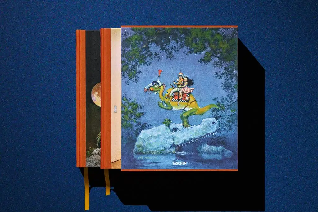 Lucas Museum of Narrative Art slipcase and two volumes displayed upright with orange spines visible.