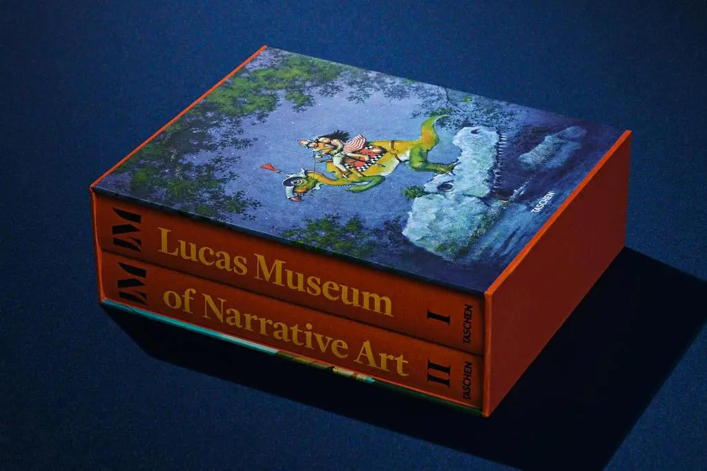 Lucas Museum of Narrative Art two-volume TASCHEN set stacked with the illustrated slipcase and orange book spines visible.