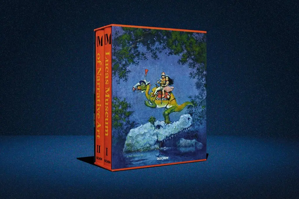 Illustrated Lucas Museum of Narrative Art TASCHEN slipcase standing upright against a dark blue background.