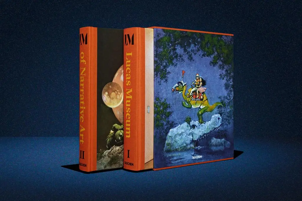 Lucas Museum of Narrative Art volumes standing upright beside the illustrated TASCHEN slipcase.
