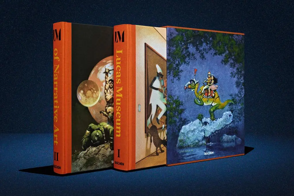 Two Lucas Museum of Narrative Art volumes standing beside their illustrated TASCHEN slipcase.
