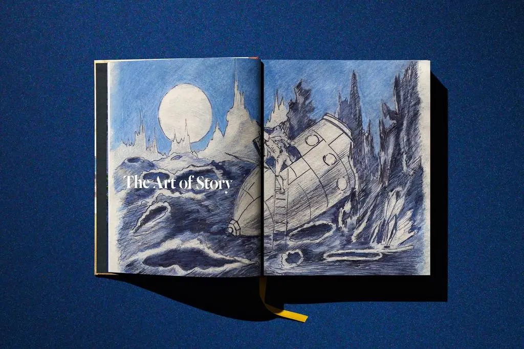 Open Lucas Museum of Narrative Art book showing a black-and-white illustrated spread.