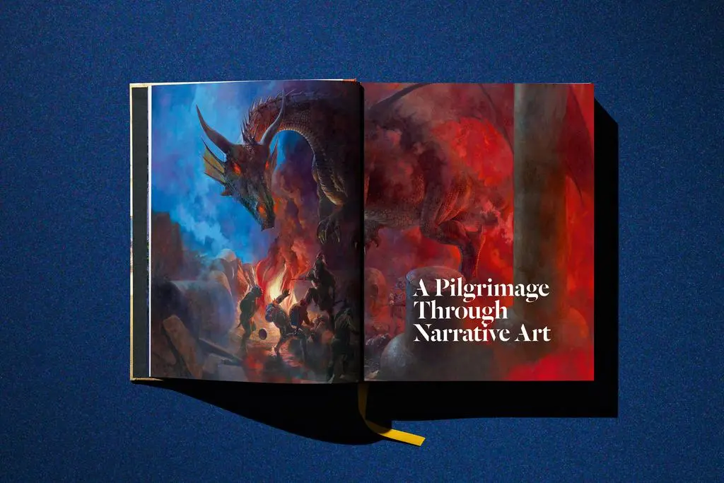 Open Lucas Museum of Narrative Art book showing a vivid red-and-blue illustrated spread.