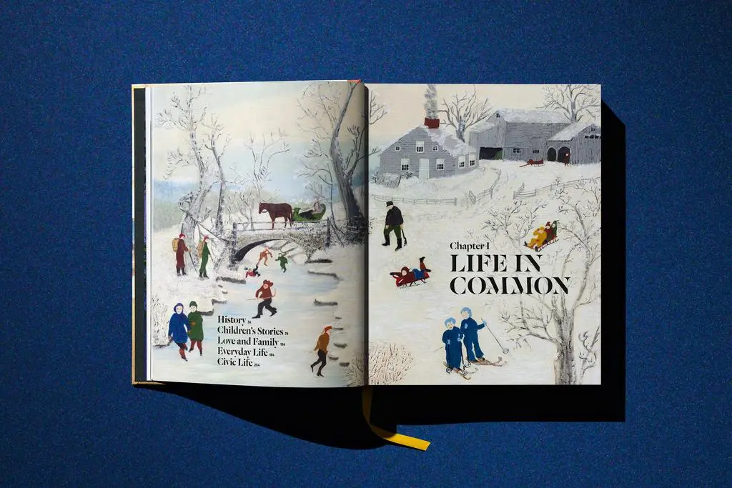 Open Lucas Museum of Narrative Art book showing a wintry illustrated scene across the spread.