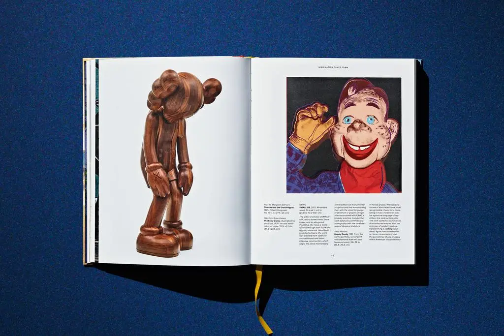 Open Lucas Museum of Narrative Art book showing a sculptural figure and a colorful portrait illustration.