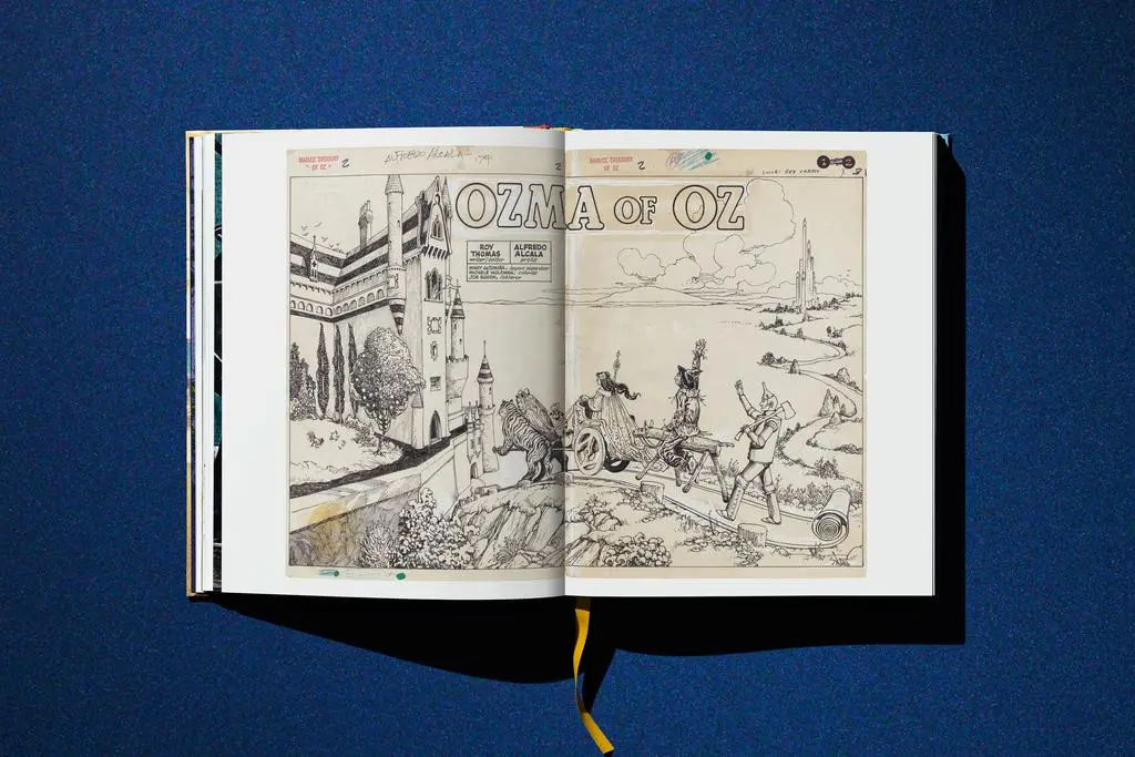 Open Lucas Museum of Narrative Art book showing monochrome architectural and scene drawings.