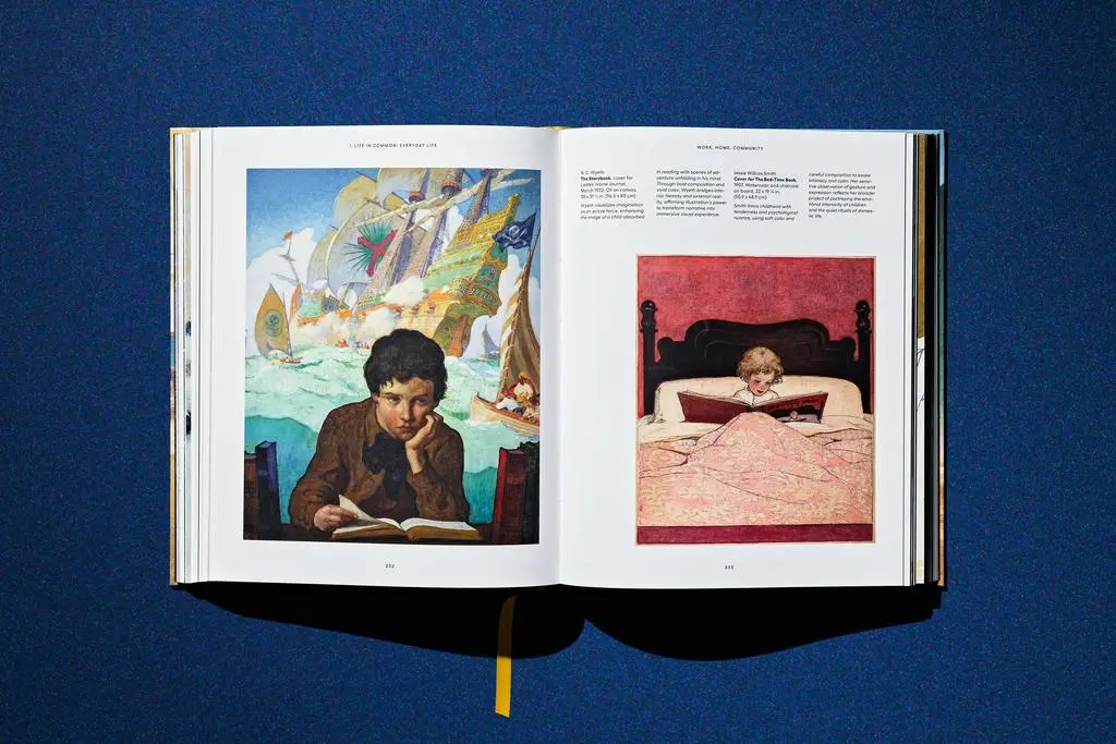 Open Lucas Museum of Narrative Art book showing multiple artwork reproductions and accompanying text.