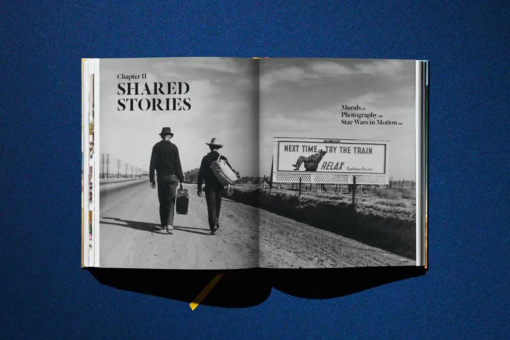 Open Lucas Museum of Narrative Art book showing a black-and-white photographic spread headed Shared Stories.