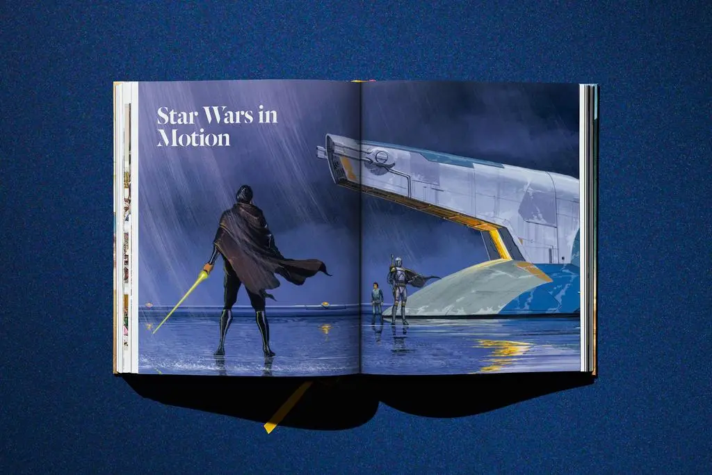 Open Lucas Museum of Narrative Art book spread headed Star Wars in Motion with a large blue-toned cinematic image.