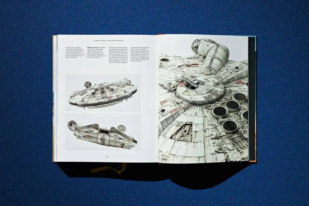 Open Lucas Museum of Narrative Art book showing black-and-white production and concept drawings.
