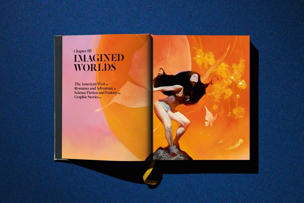 Open Lucas Museum of Narrative Art book spread headed Enchanted World with a figure against an orange background.