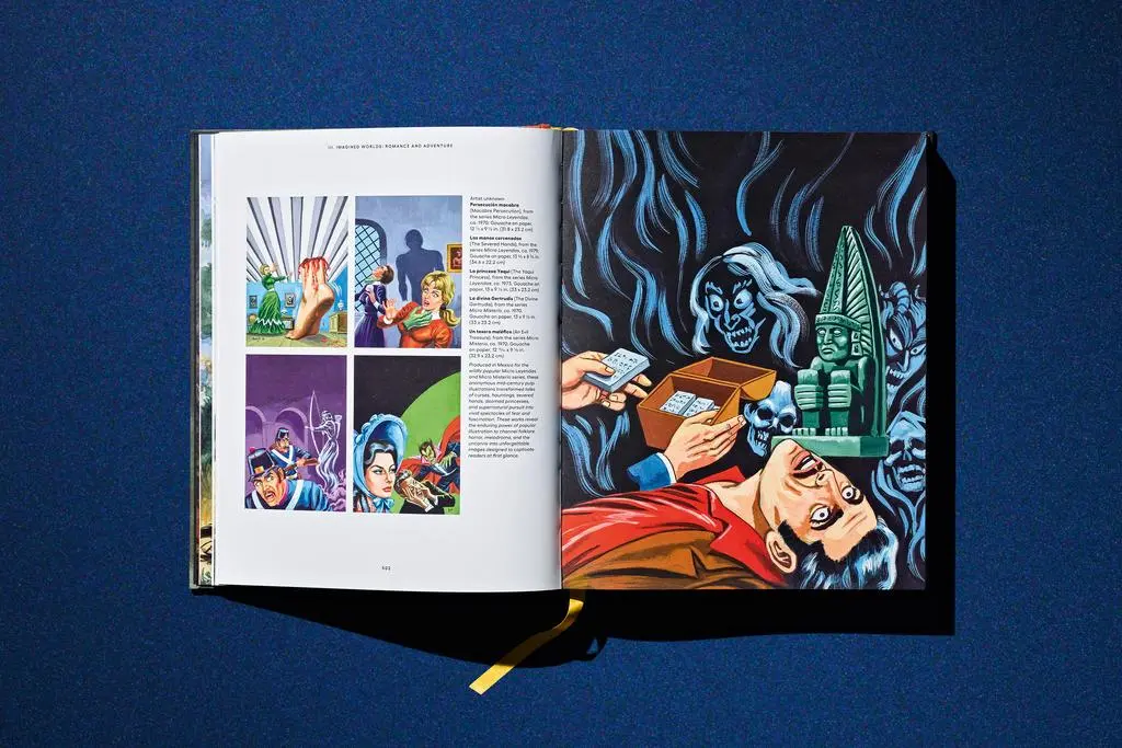 Open Lucas Museum of Narrative Art book showing comic panels beside a large colorful illustrated figure.