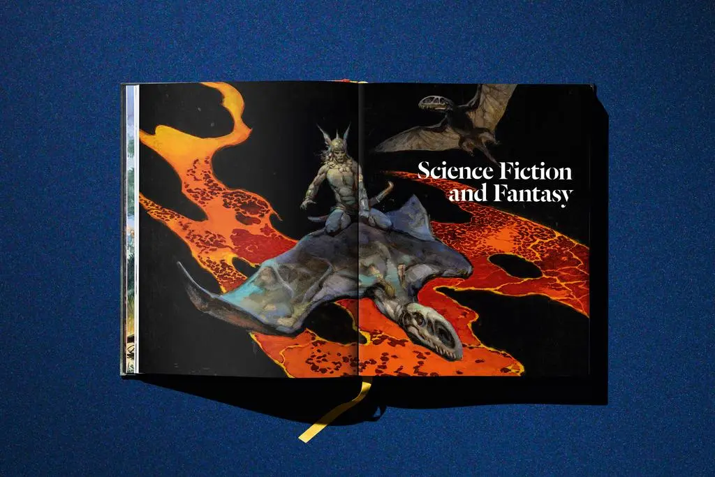 Open Lucas Museum of Narrative Art book spread titled Science Fiction and Fantasy with dramatic illustrated artwork.