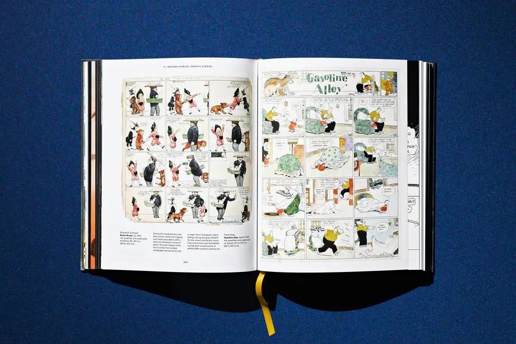 Open Lucas Museum of Narrative Art book showing illustrated character studies and accompanying text across two pages.