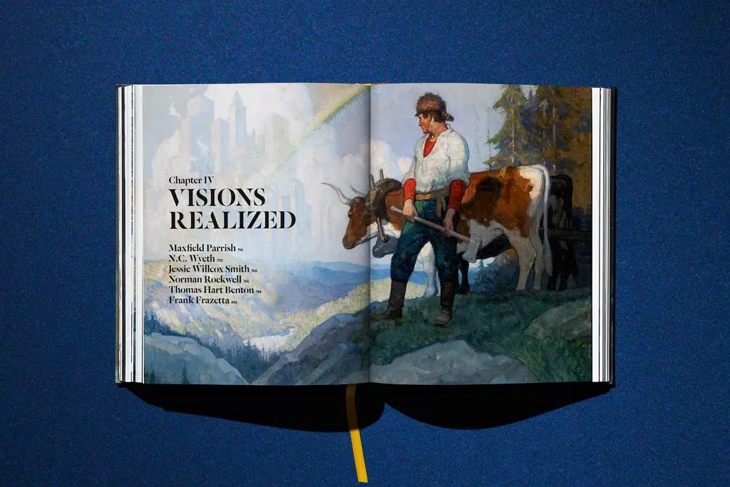 Open Lucas Museum of Narrative Art book spread headed Visions Realized with a large illustrated scene.