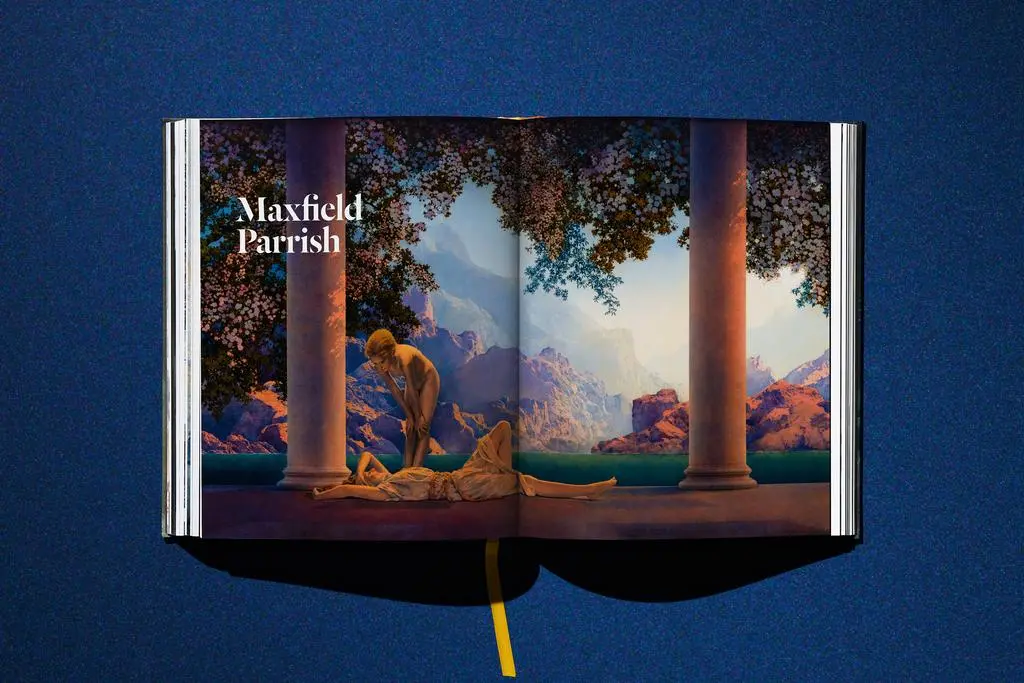 Open Lucas Museum of Narrative Art book showing a large colorful fantasy scene across the right page.