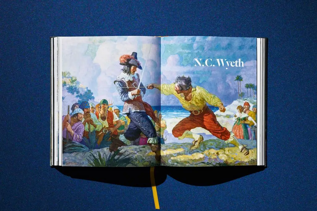 Open Lucas Museum of Narrative Art book showing a bright illustrated group scene spanning the spread.