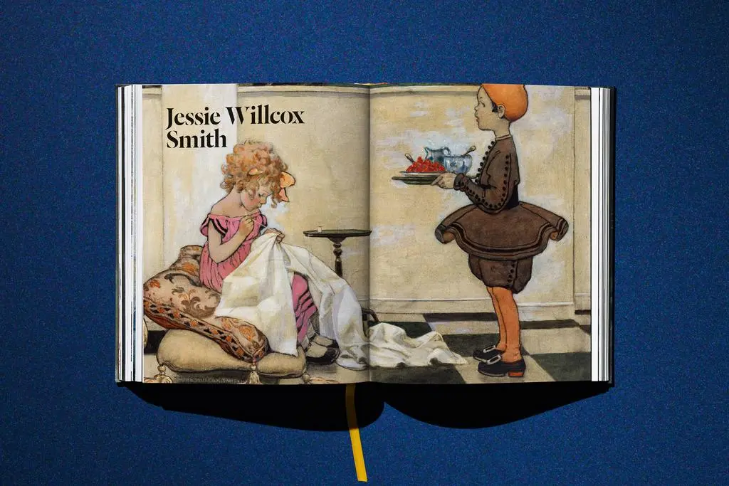Open Lucas Museum of Narrative Art book featuring Jessie Willcox Smith artwork and accompanying text.