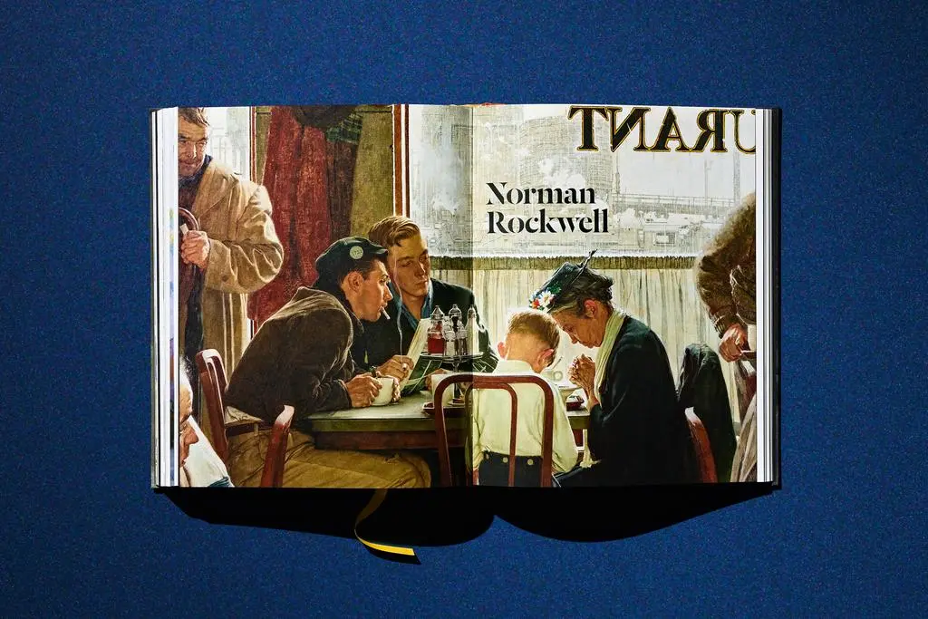 Open Lucas Museum of Narrative Art book featuring Norman Rockwell imagery and accompanying text.