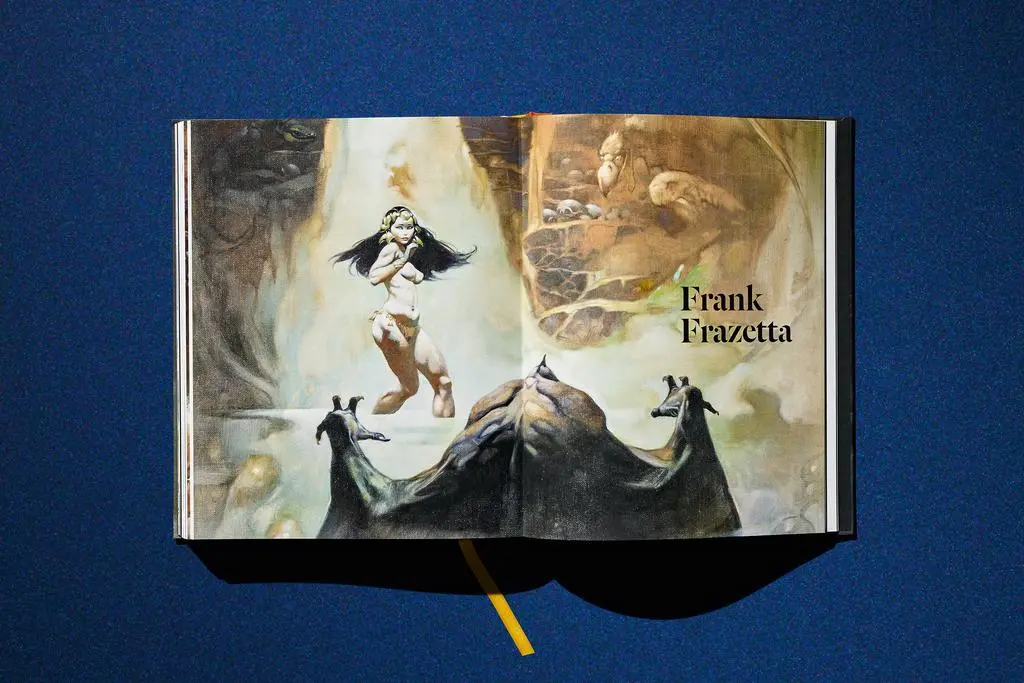 Open Lucas Museum of Narrative Art book featuring Frank Frazetta artwork across the spread.