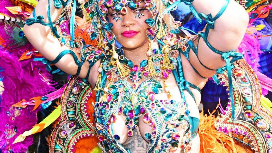 Rihanna wearing a jeweled Lauren Austin Carnival costume at Barbados’ 2026 Grand Kadooment Day parade