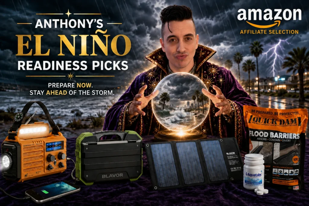 Anthony styled as a celestial forecaster presenting his El Niño readiness picks alongside emergency supplies against a stormy Los Angeles backdrop.