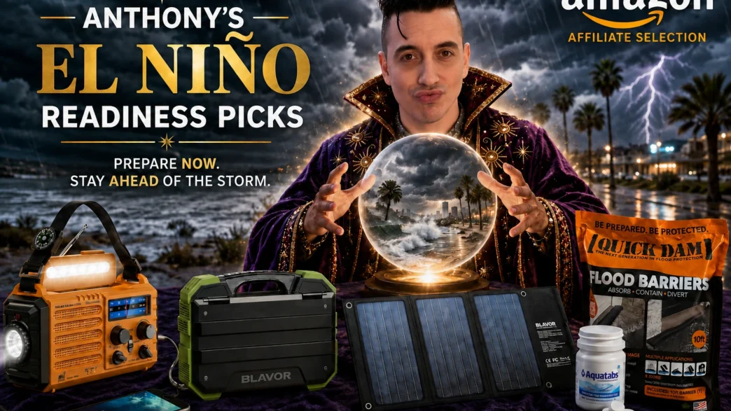 Anthony styled as a celestial forecaster presenting his El Niño readiness picks alongside emergency supplies against a stormy Los Angeles backdrop.