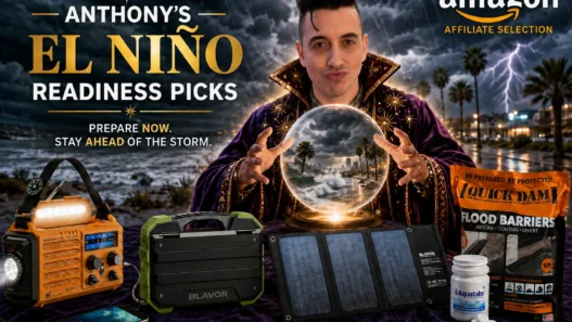 Anthony styled as a celestial forecaster presenting his El Niño readiness picks alongside emergency supplies against a stormy Los Angeles backdrop.