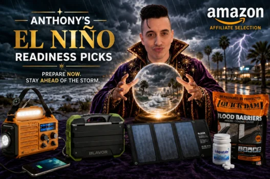 Anthony styled as a celestial forecaster presenting his El Niño readiness picks alongside emergency supplies against a stormy Los Angeles backdrop.