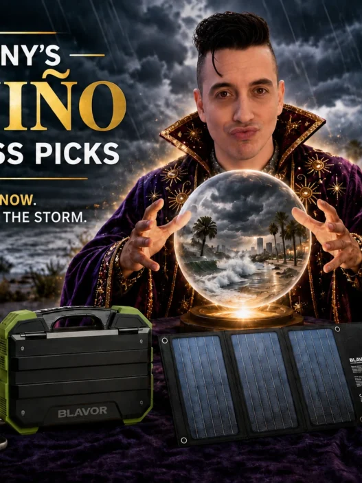 Anthony styled as a celestial forecaster presenting his El Niño readiness picks alongside emergency supplies against a stormy Los Angeles backdrop.