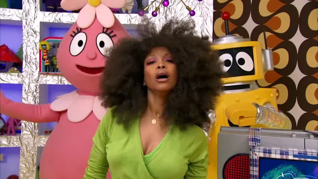 Erykah Badu in the colorful Yo Gabba Gabba Birds music segment