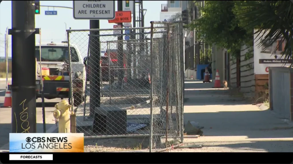 Still from a CBS Los Angeles report on delays affecting the Destination Crenshaw project
