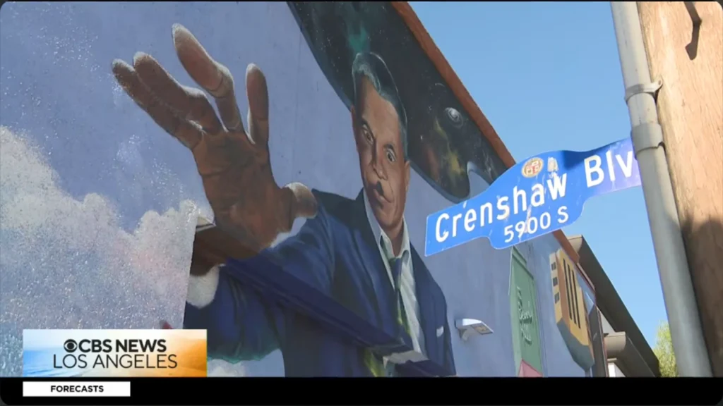 Still from CBS Los Angeles coverage of community concerns over Destination Crenshaw