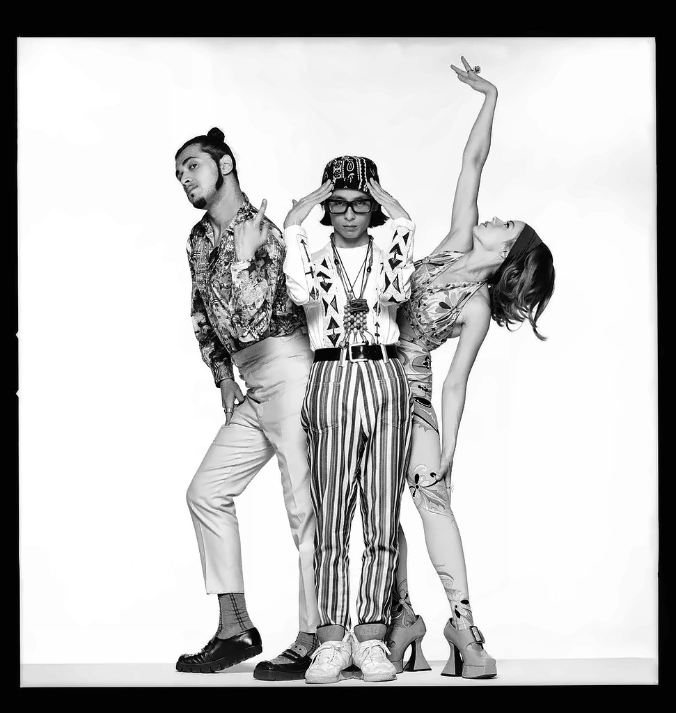Deee-Lite trio in a black-and-white promotional photo