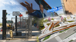 Construction fencing and street disruption on Crenshaw Boulevard alongside a Destination Crenshaw rendering and a Crenshaw mural in Los Angeles