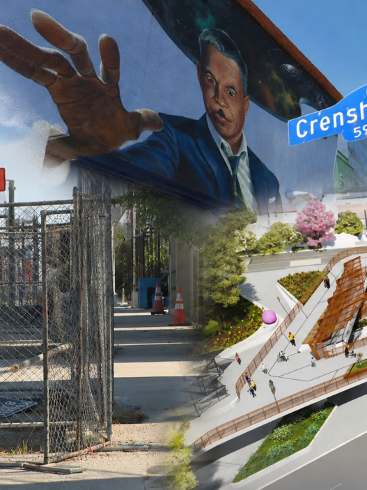 Construction fencing and street disruption on Crenshaw Boulevard alongside a Destination Crenshaw rendering and a Crenshaw mural in Los Angeles