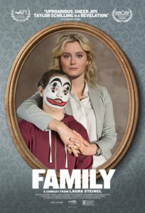 Taylor Schilling stands behind Bryn Vale in Juggalo-style face paint on the Family theatrical poster