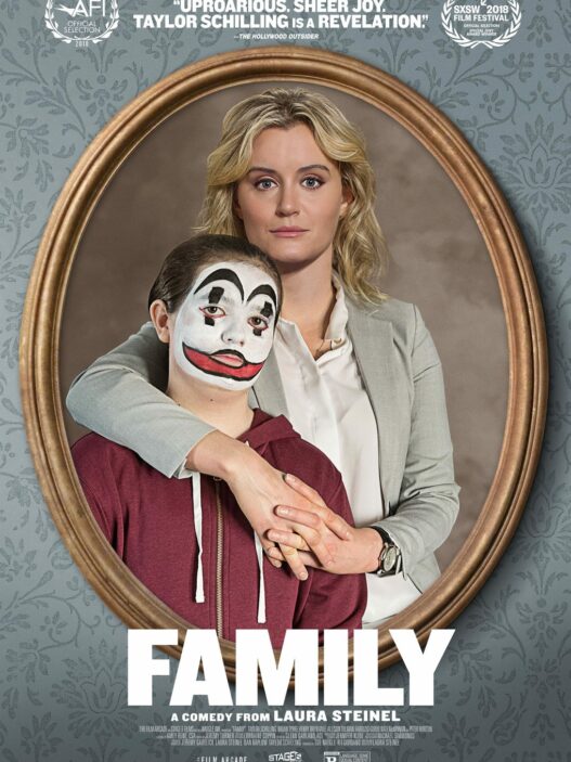 Taylor Schilling stands behind Bryn Vale in Juggalo-style face paint on the Family theatrical poster